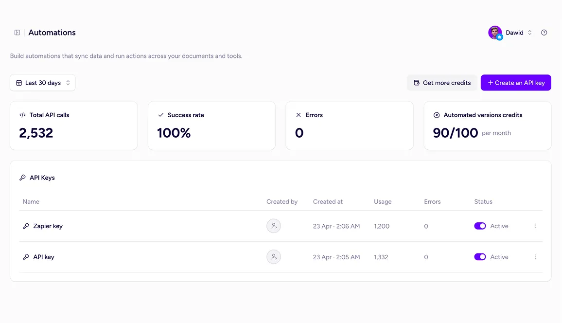 Storydoc API automations dashboard