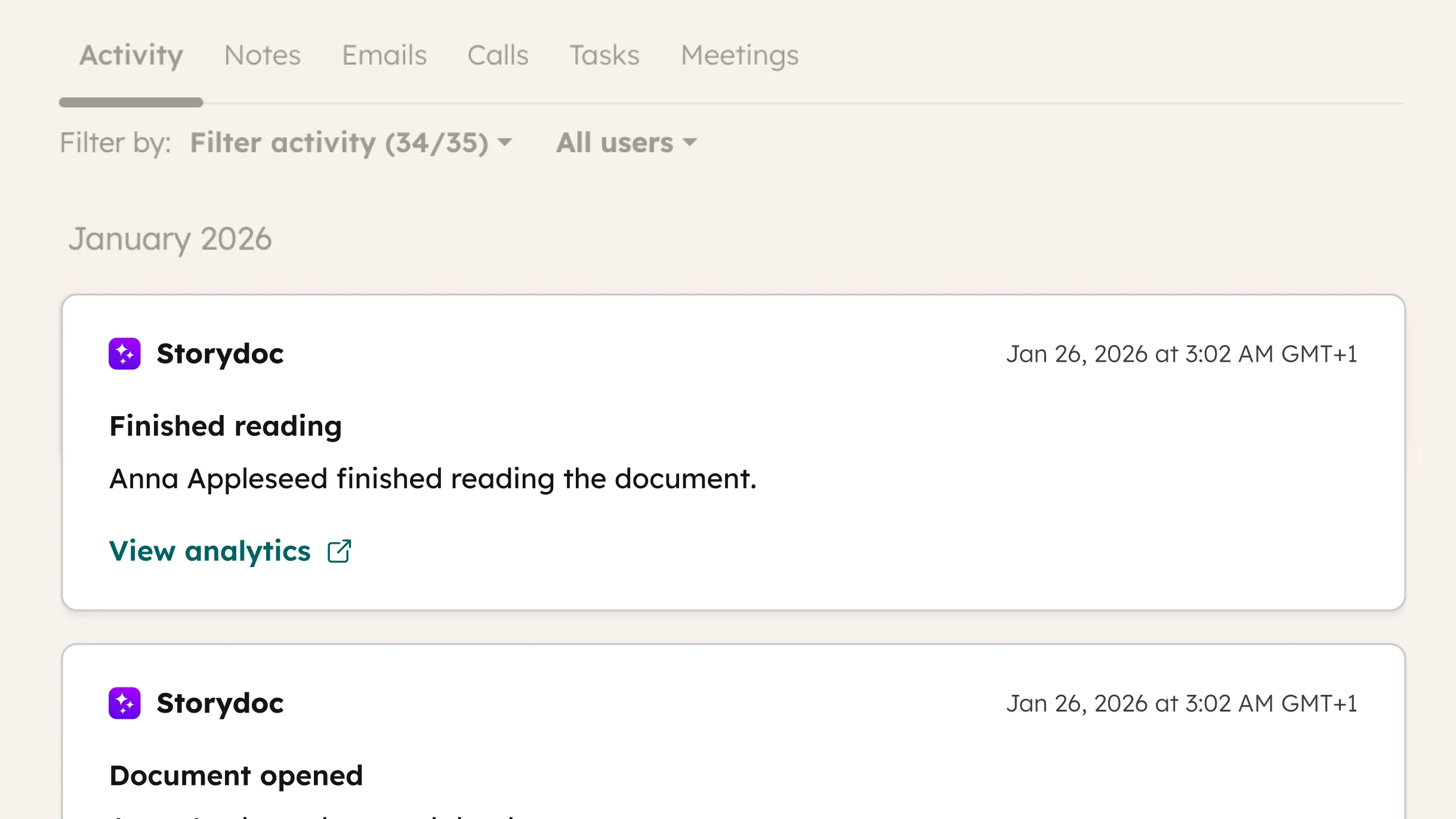 Storydoc activity logged in HubSpot